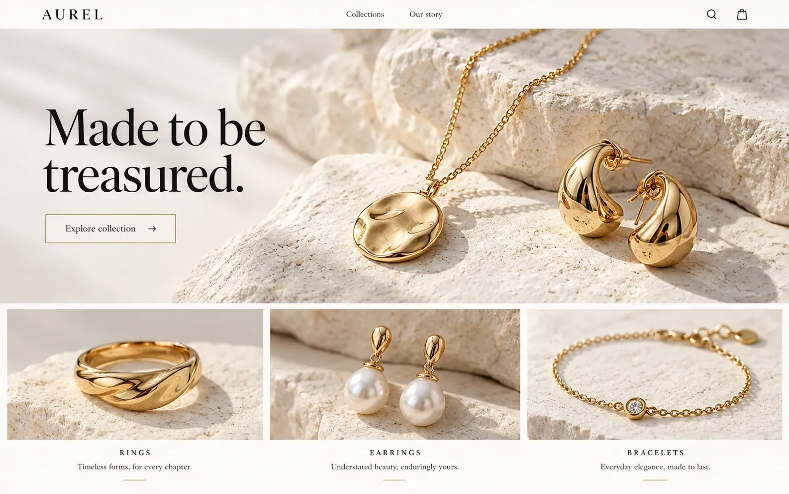 Jewelry website concept with gold collections and editorial product photography
