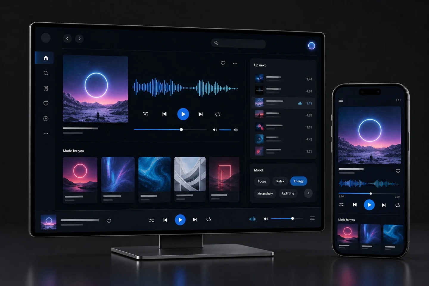 AI music player interface shown on a desktop monitor and smartphone