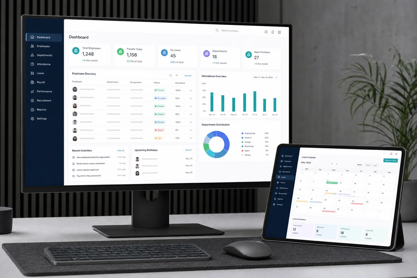 Employee management dashboard displayed on a desktop monitor and tablet