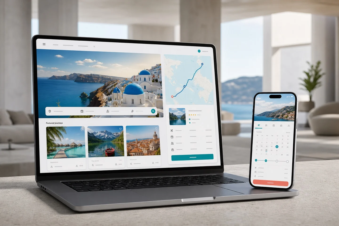 Travel booking platform displayed on a laptop and smartphone